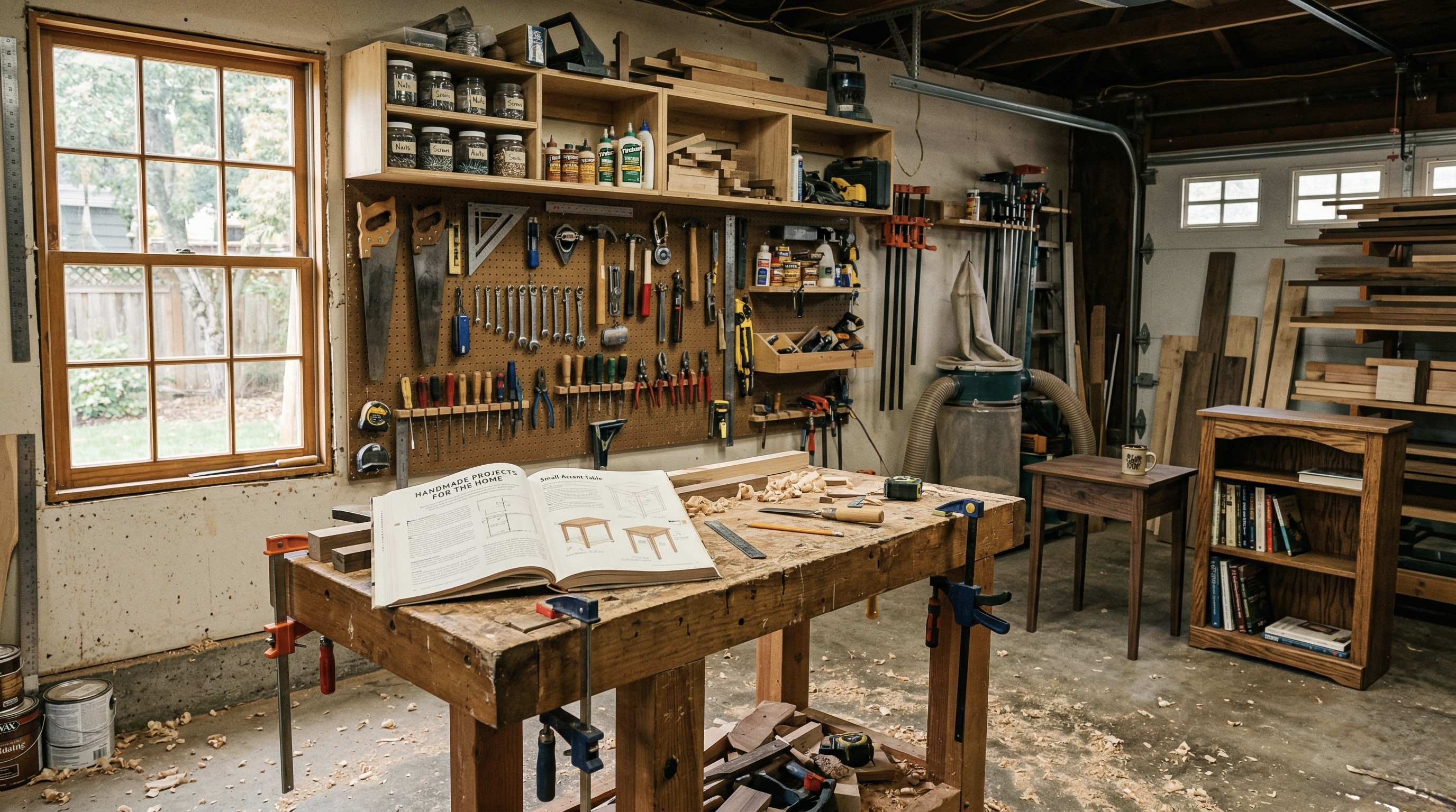 Woodworking workshop with finished projects and plans on workbench